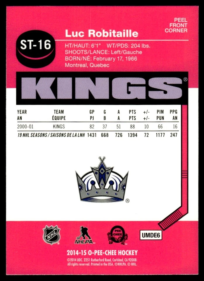 2014-15 O-Pee-Chee Stickers Luc Robitaille Los Angeles Kings #ST-16 - Image 2 of 2