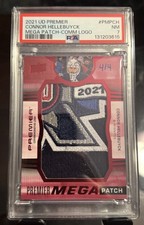 2021-22 Upper Deck Premier Mega Patch Comm Logo Connor Hellebuyck 4/4 PSA 7