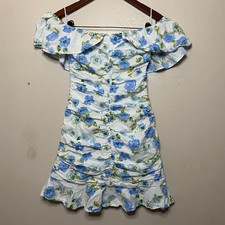 Zara Blue White Floral Mini Dress Off The Shoulder Size Extra Small Summer - D22