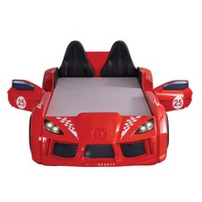 Twin Size Race Car Bed w/ LED Lights Magnetic Doors - Kids Bed Frame