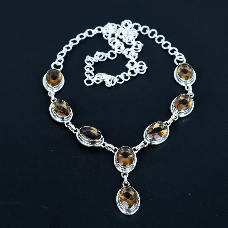 Brown Smoky Quartz Gemstone 925 Sterling Silver Jewelry Necklace Size-17-18" - Image 2 of 4