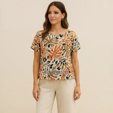 Tahari Linen Leaf Print Top Short Sleeve Rolled Cuff Boxy Vacation Shirt Size S