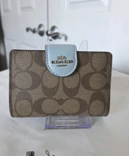 COACH Medium Corner Zip Wallet In Signature Canvas Khaki Blue C0082