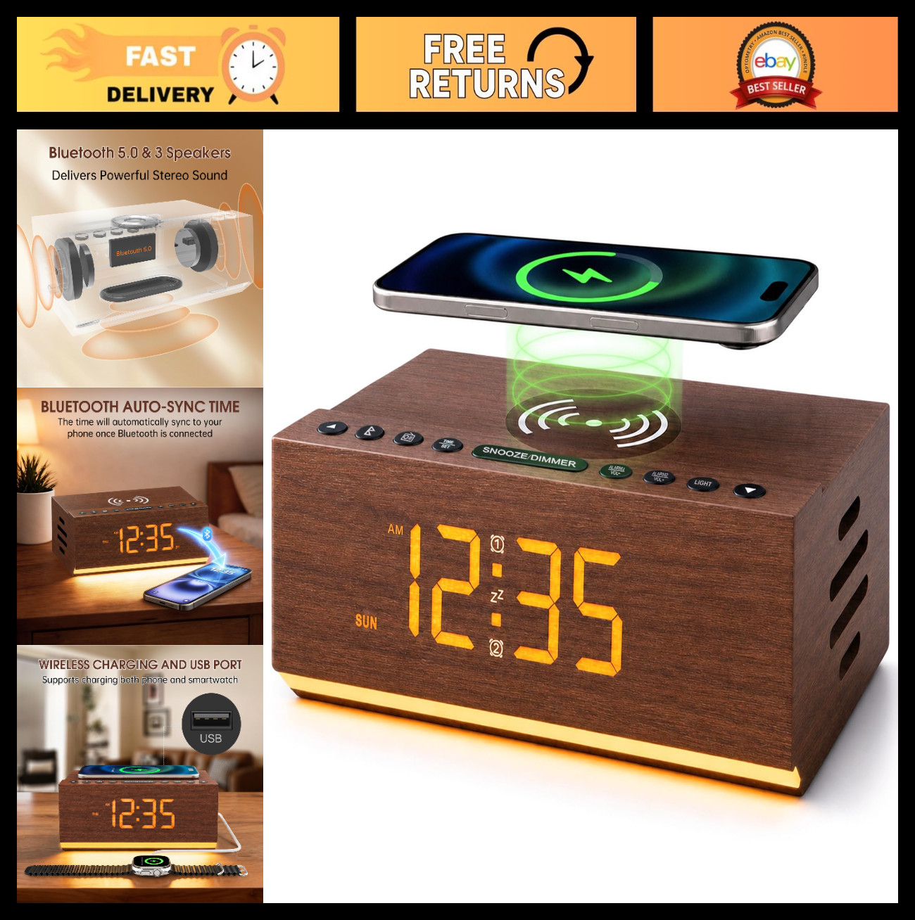 Wooden Digital Alarm Clock with Bluetooth Speaker, Wireless Charging, FM Radio,