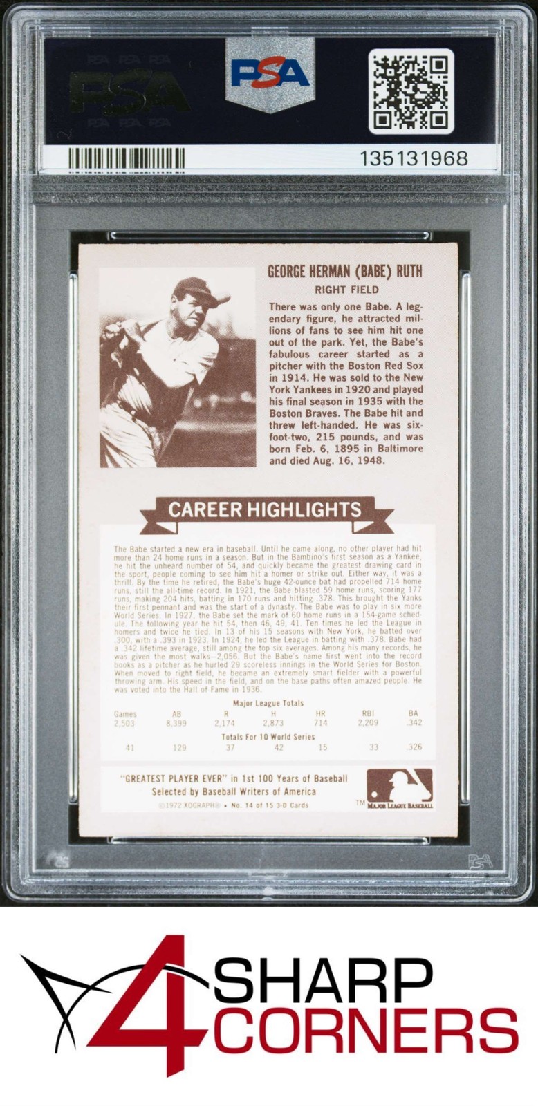 1972 KELLOGG'S ALL-TIME BASEBALL GREATS #14 BABE RUTH HOF PSA 9 view 2
