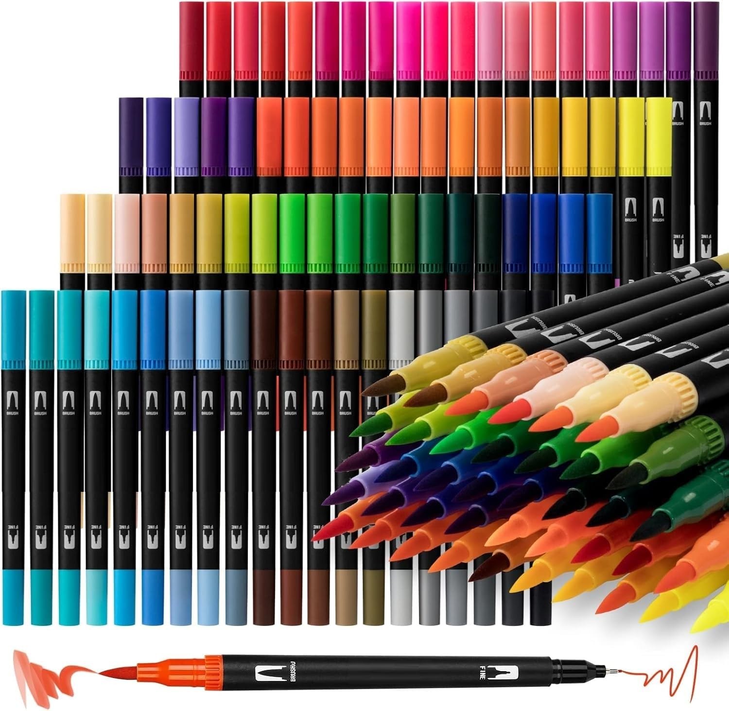 100 Shades Dual Tip Brush Marker Fineline Color Pens Set For
