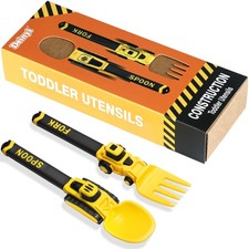 Construction Toddler Utensils - Reusable Plastic Toddler Fork and Spoon Sto...