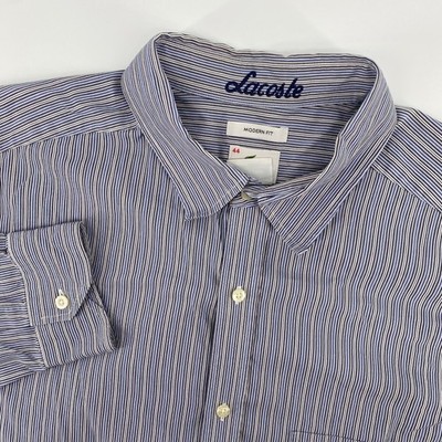 Lacoste Button Down Shirt Mens 44 XL Blue White Striped Modern Fit Long Sleeve