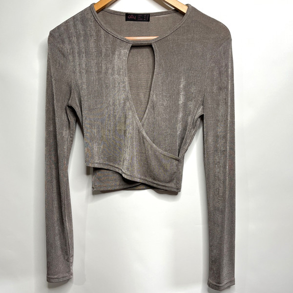 Ally Crop Top Women Size 10 Grey Silver Long Sleeve Layered Shiny Shirt Blouse