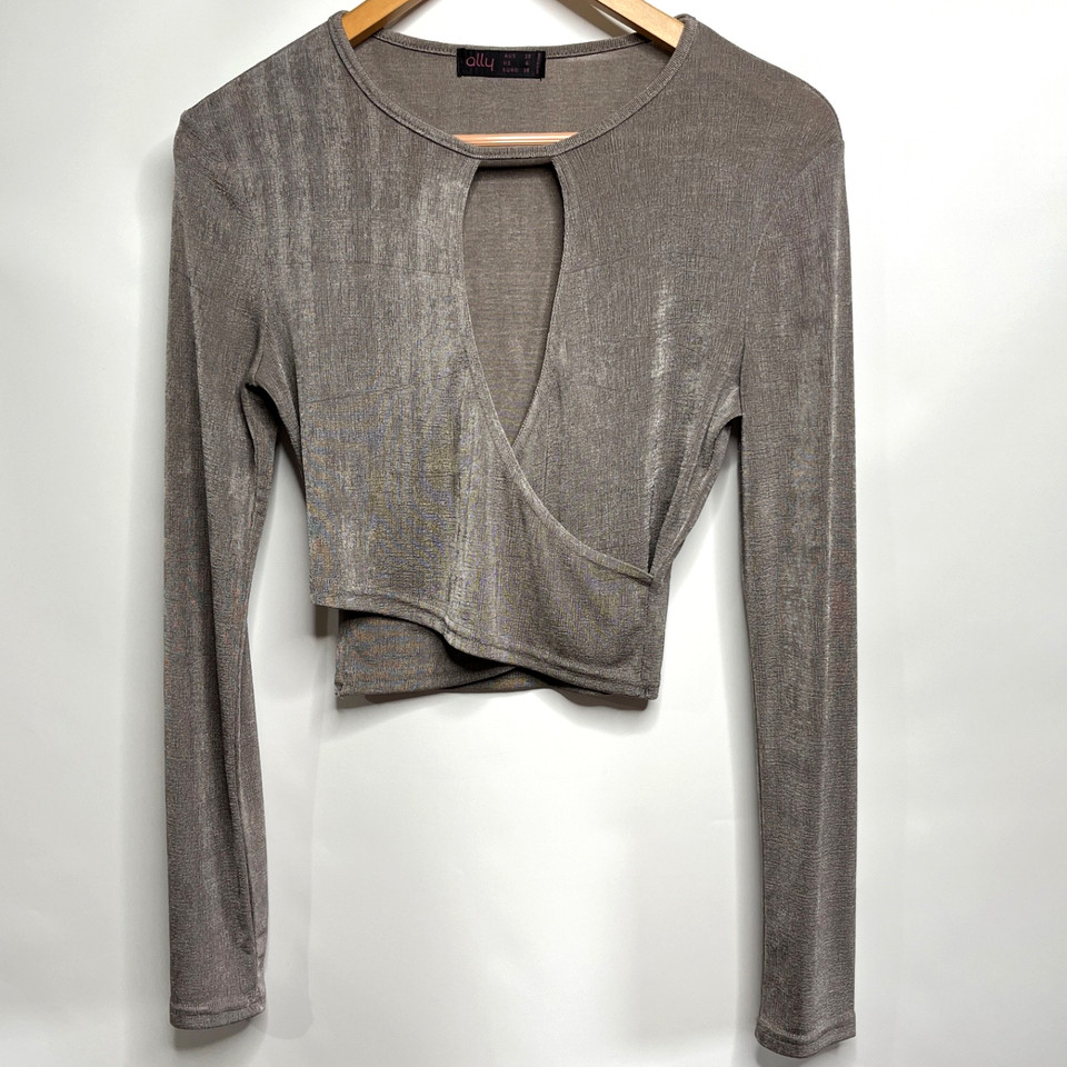 Ally Crop Top Women Size 10 Grey Silver Long Sleeve Layered Shiny Shirt Blouse