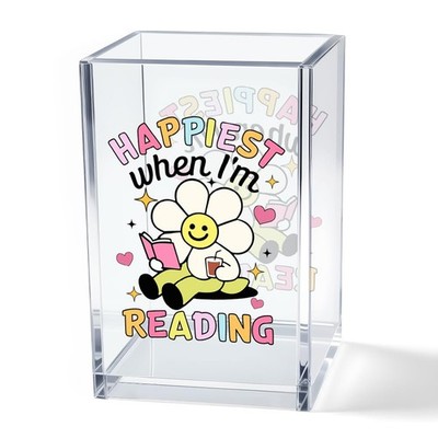 Happiest When I'm Reading Acrylic Cosmetic Pencil Pen Holder Cup, Boho Bookis...