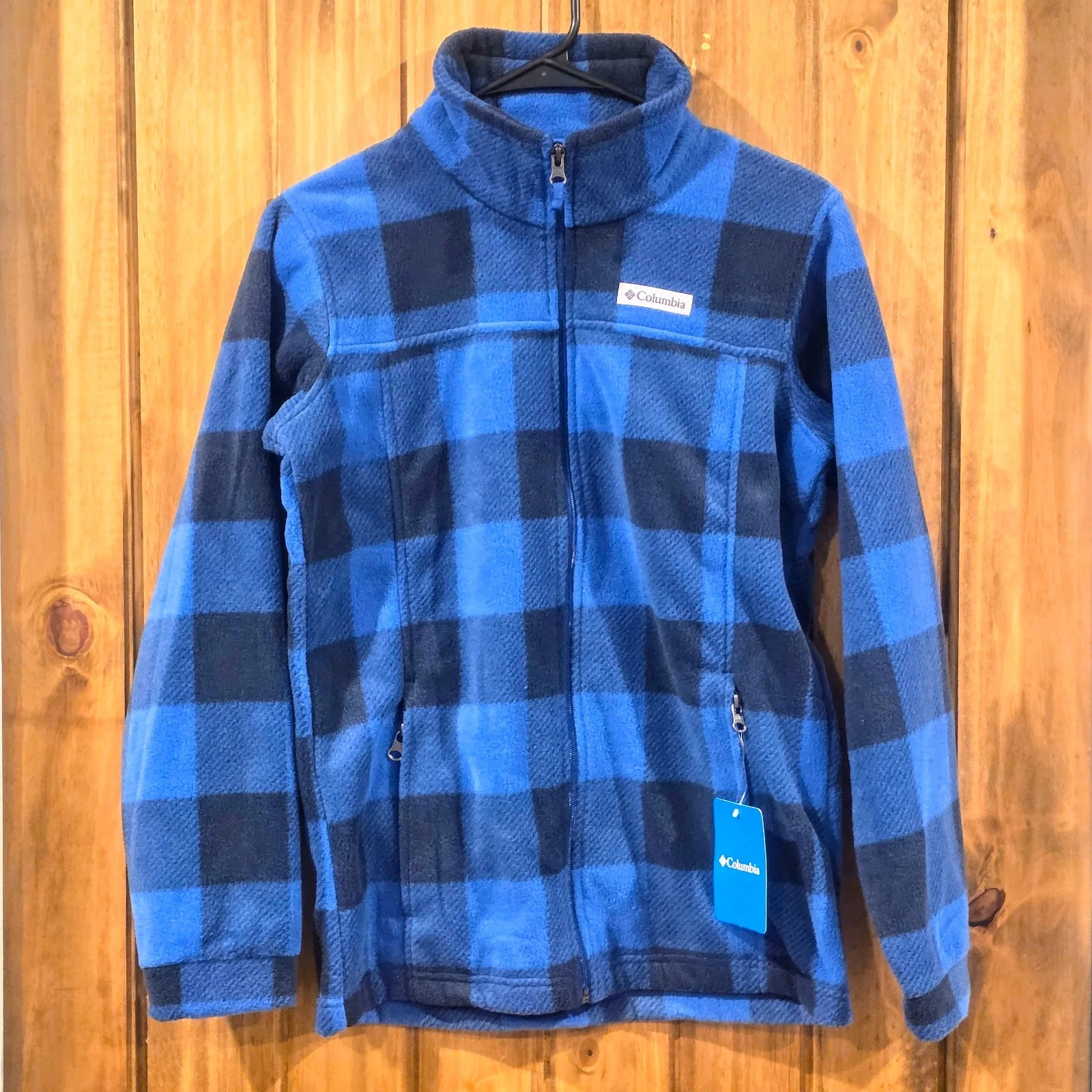 NWT Columbia Jacket Boys Size L Blue Black Fleece Full Zip Plaid Long Sleeve