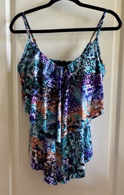 Vanishing Act Tankini Swimsuit Top 12 Tiered Multi Color Snake Print 672103