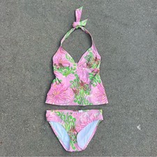 Lilly Pulitzer Pink and Green Floral Halter Tankini Bikini Set XS