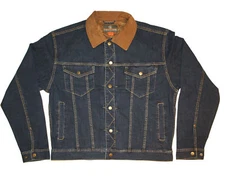Cacties Western Range Jean Country Denim Rugged Leather Collar Jeans Jacket $150