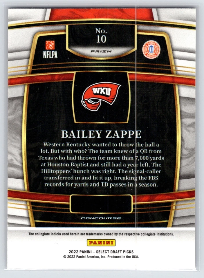 2022 Select Draft Picks Bailey Zappe Red Lazer RC #10 Hilltoppers/Patriots - Image 2 of 2