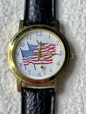 American Pride Watch Three Flags Patriotic Men  s Black Leather Band 5P