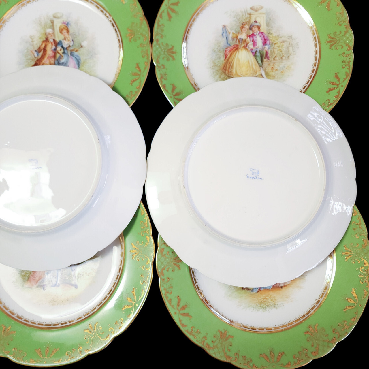 Ambrosius Lamm Dresden Green Rim Dinner Plates with Different Scenes