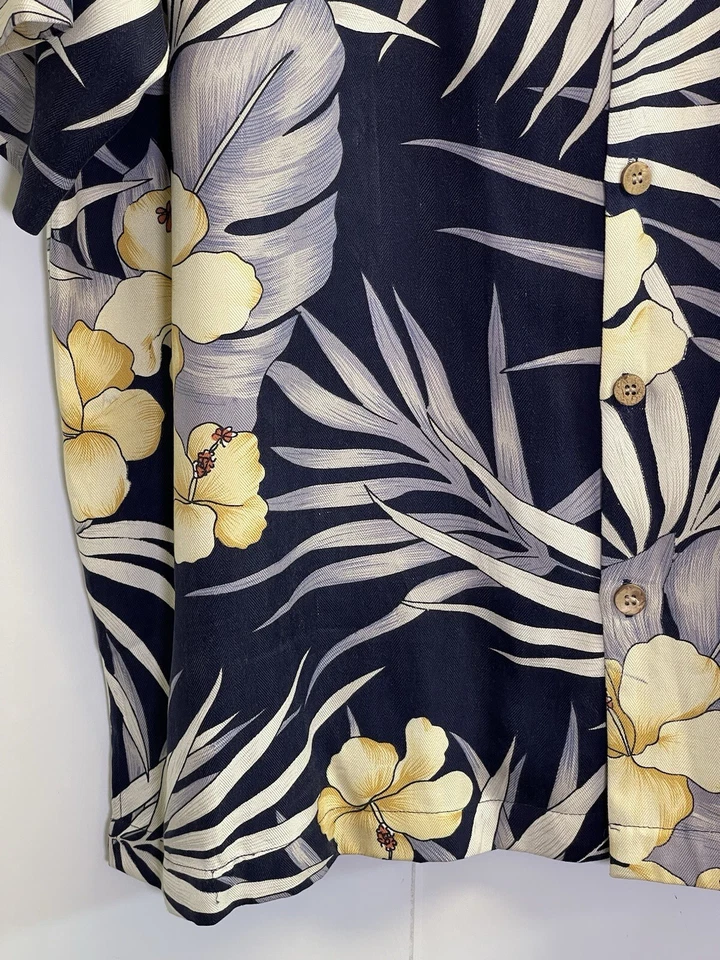 Camisa de campamento hawaiana Monterey Club para hombre XL azul manga corta seda hibisco Foto 4 de 4