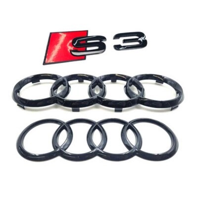 Für Audi A3 S3 Emblem Ringe V+H Kühlergrill 275MM+192MM Badge Car Schwarz Glänz