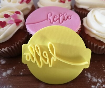 3D Hello Schrift Stempel Fondant Glasur Cupcake Kuchen Keks Ton Prägung 6 cm UK