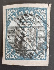 Norway: 1855 - Coat of Arms - 4 Skilling Blue - Imperforate - Norway's 1st Stamp