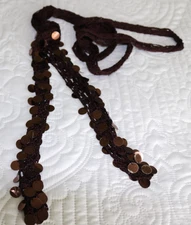 Women's Belt Brown Crochet Sash Tie with Dangling Large Sequins - 84" x 2"