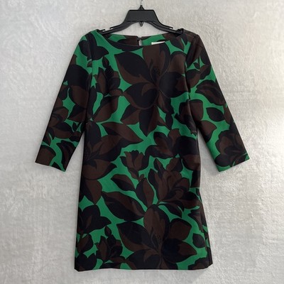 Milly Womans Shift Dress Green Floral 6 Polyester Blend Long Sleeve Zip