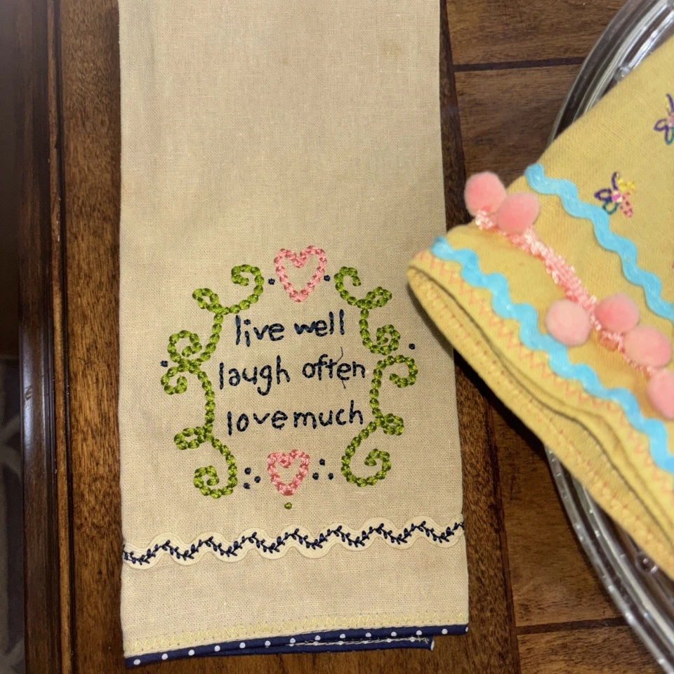 Natural Life Embroidered Hand Towel Dish Embellished House Blessed Pom Rick Rack - Image 3 of 4