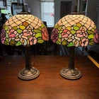 2- Vintage Tiffany Style Stained Glass Floral Table Accent Lamp Beautiful 18 In