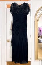 XSCAPE Dahlia Long Sheer Matte Jersey Beaded Top Dress Navy Size 12 Pre Loved