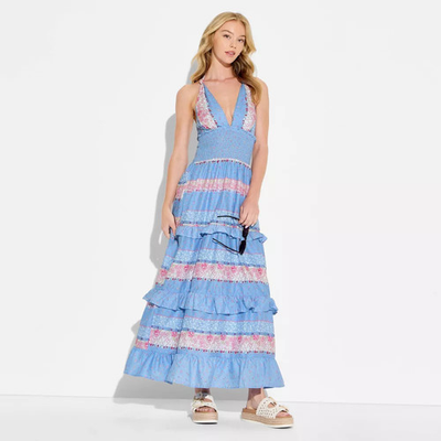 #ad Women Tiered Ruffle Maxi Dress Wild Fable Blue Floral L $15.99
