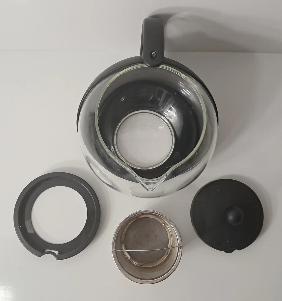 Tetera de vidrio Primula Half Moon 40 OZ mango de plástico negro tapa base cesta SS Foto 2 de 4