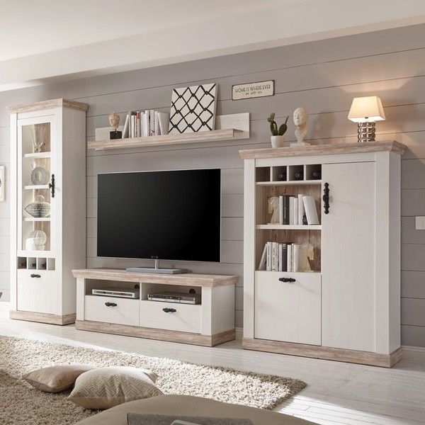 Landhaus Mediawand Wohnwand Weiß Anbauwand Lowboard Wohnzimmer Vitrine Highboard-image