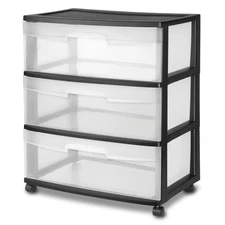 Wide 3 Drawer Cart, Clear Plastic Storage Drawers, Wheels Included, Black
