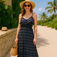 Boho Maxi Dress M Ya Los Angeles Navy Ruffle Teardrop Print Silk Blend Festival