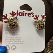 CLAIRES CHRISTMAS POST EARRINGS REINDEER HEADS GOLDTONE WITH CRYSTALS NEW