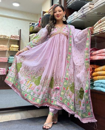 Zari Work 3 Piece Anarkali Kurtia Kurta Pent Set Gown Long Dupatta Designer Top - Picture 7 of 17
