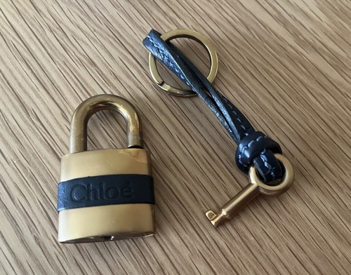 CHLOE Padlock & Key Bag Charm Gold Navy Leather Used Vintage F/S - Picture 9 of 14