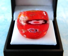 Bohemian Fire Red Floral theme Hand Blown Glass Bling Ring - Size 8.75