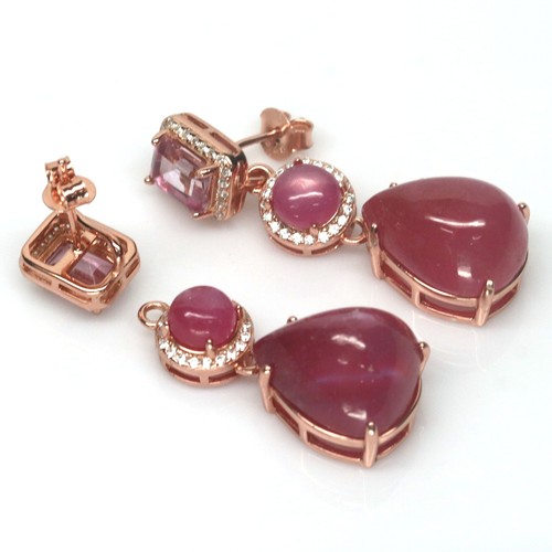 Heated 12 X 14 mm. Red With Pink Ruby Topaz Cubic-Zirconia Earrings 925 Silver - Picture 3 of 5