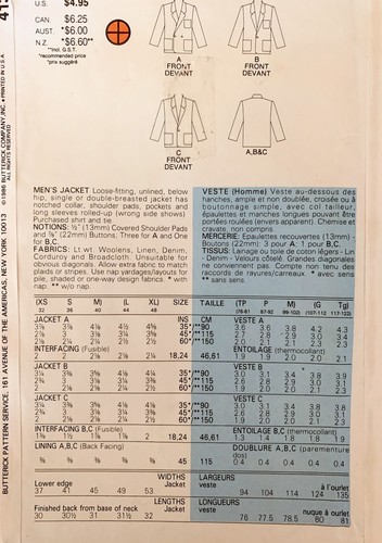 Vintage Butterick Pattern 4135 | Retro Mens Jackets Boxy Cut Size XS S & M - Picture 3 of 3
