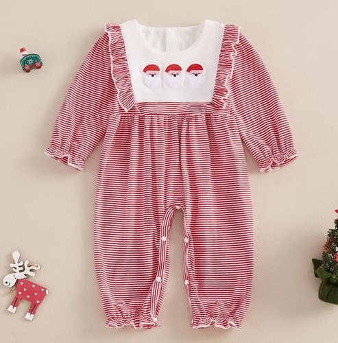 NEU Weihnachten bestickt Santa Baby Mädchen rot gestreift Strampler Overall - Bild 1 von 6