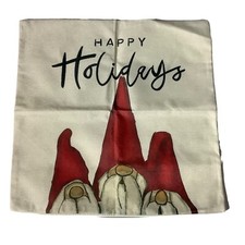 Happy Holidays Christmas Gnomes Santa Claus Hats Square Pillow Cover Cream NEW