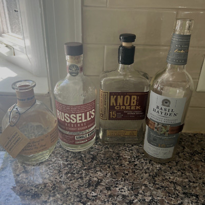 Lot of 4~Empty Bourbon Whiskey Bottles KY~Blanton~Russel Reserve~Knob~Basil