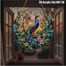 Large Peacock Suncatcher Window Hanging-7.87"-Acrylic-Stained Glass Look-2D