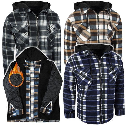 Fuzzy Fleece Flannel Shirt Soft Sherpa Lined Plaid Pockets Hoodie Zip-Up Jacket - Picture 1 of 18