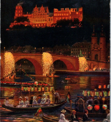 Night Scene Screen Lanterns Lit Up City Artist H Hoffman Heidelberg Postcard A6