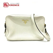 PRADA Pochette Bag Logo Double Zipper Bag Shoulder Bag Leather Women's White 