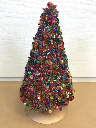 Unique 10" Vintage Beaded Sequin Christmas Tree Table Top MCM - Picture 4 of 10
